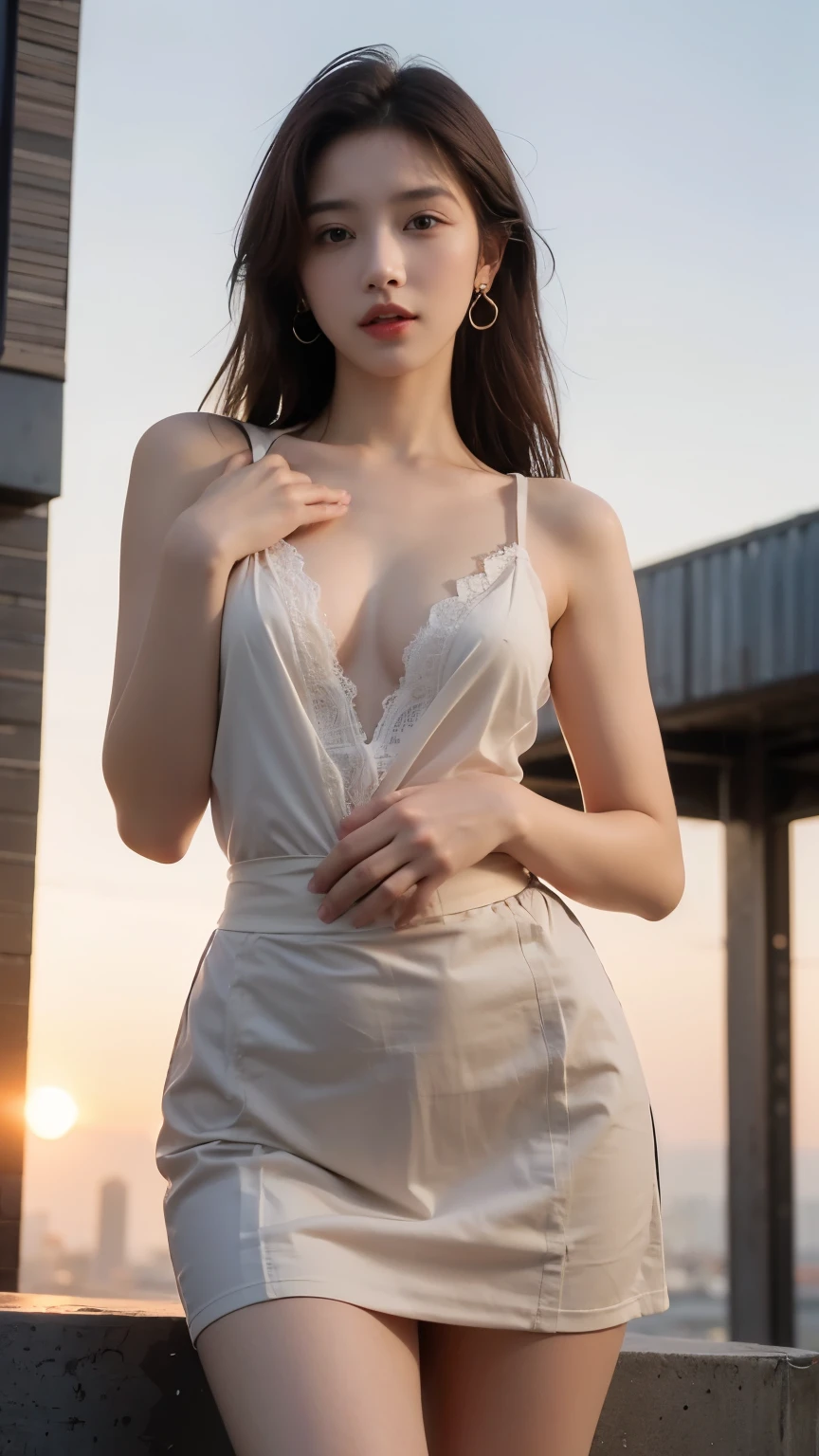 small skirt, (masterpiece, best quality:1.2), 1girl, solo, ((bare shoulders)), (actual:1.37), ((lying on a beach)), ((Bird's eye view shot)), Sweet maiden, beautiful妆容, Exquisite makeup, Extremely beautiful eyes, long hair, curls, slim body, ((big breasts, Big breasts, cleavage)), Sexy slender legs, The skirt is short, Leaking sexy legs, elegant posture, Dynamic posing, best quality, correct, correct的手, correct的腿, 解剖学correct, official art, complex, detail的脸, detail, lifelike, Very detailed, amazing, beautiful, Young and energetic, Charming model, Meticulous CG Uniform 8k wallpaper