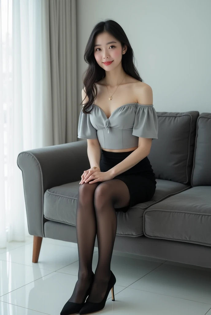 ulzzang-6500-v1.1, (RAW Photos:1.2), (Photorealistic), Beautiful detailed girl, (Genuine: 1.4), Very detailedな目と顔, Beautiful and fine details,  (Strapless blouse, flare skirt, Ultra-realistic pantyhose:1.2, Black choker)、Esbian all over、 (A very loving smile:1.2)、Large file size, High resolution, Very detailed, Highest quality, [masterpiece:1.6], Awareness-raising, Very detailed,  In detail, Highest quality, 8k wallpaper, Cinema Lighting, One Girl, 17 years old, Perfect figure, Cute droopy eyes、Beautiful big eyes、 ((masterpiece)), Highest quality, One Girl, eye shadow, Upper Body, Portraiture, ((Full Body Shot:1.2))、