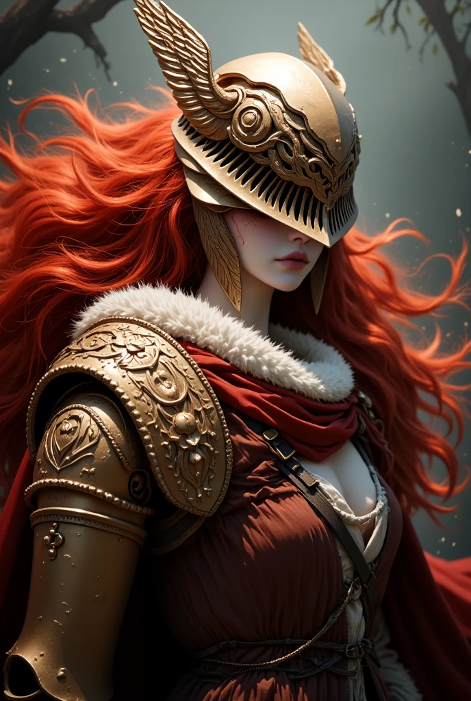 A captivating and haunting image of MaleniaNorm, her battle-worn beauty and unyielding grace captured in stunning detail. Her skin is a pale, almost ethereal tone, marked with faint scars and the wear of countless battles. Her long, fiery red hair cascades around her, contrasting sharply with her golden helm and armor, adorned with intricate thorn-like designs. She stands dressed in her iconic, tattered crimson and gold attire, the fabric and metal telling a tale of endless conflict and resilience. Her ghostly, determined eyes pierce through the scene, exuding both strength and sorrow. The high-quality rendering captures every detail of Malenia’s enigmatic and fearsome presence, drawing viewers into the dark, enchanted world of the Lands Between, where beauty and brutality coexist in a mesmerizing dance. 