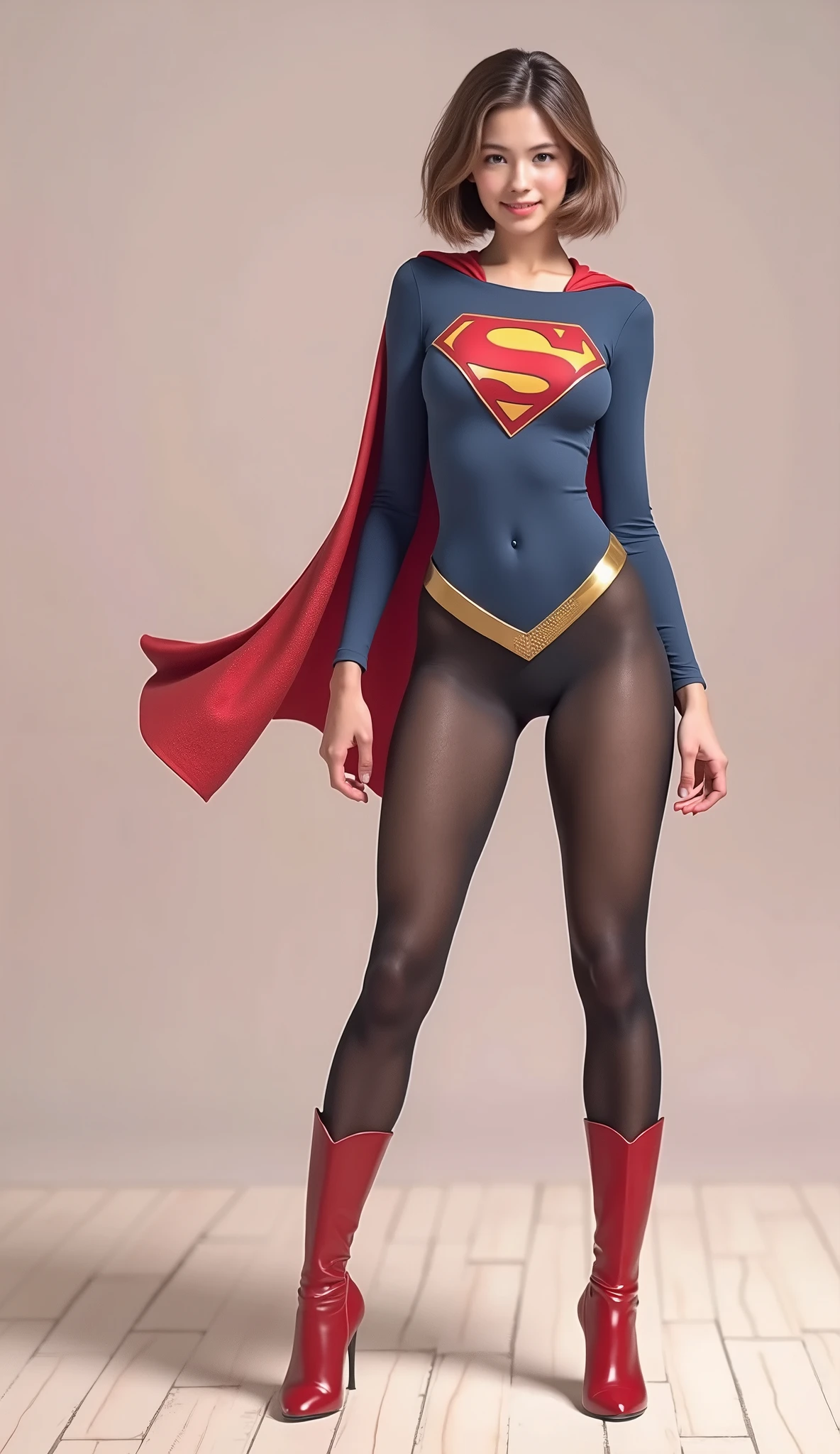 No background、(((Beautiful legs in black tights.)))、(((Legally express the beauty of your smile)))、((((Make the most of your original images)))、(((Supergirl Costume)))、(((Beautiful Hair)))、(((suffering)))、(((Please wear black tights....、Wear red boots)))、((Best image quality、8k))、((highest quality、8k、masterpiece:1.3))、(((Preserve background )))、Sharp focus:1.2、Beautiful woman with perfect figure:1.4、Slim Abs:1.2、Wet body:1.5、Highly detailed face and skin texture、8k