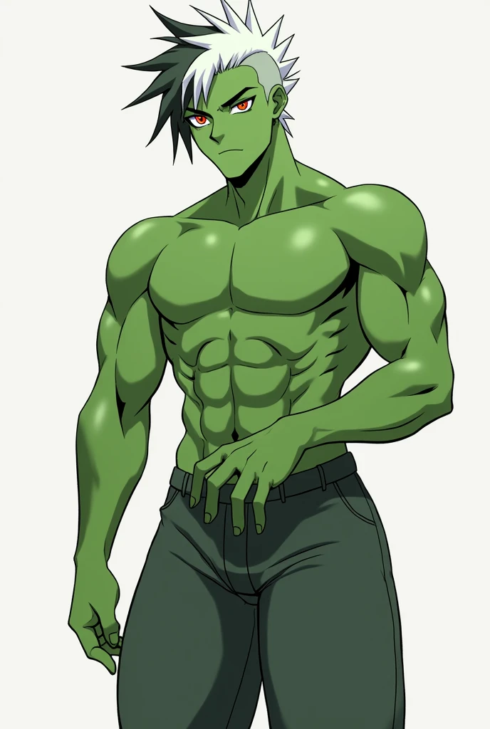 1 Teen orc , green skin , hairstyle Mohawk , bare torso , black eyes , blue iris , black hair , thin body , black whites of the eyes , cute face , skinny body build , teen face , edge of underpants , sweatpants , standing on the sports field , short , cute , handsome