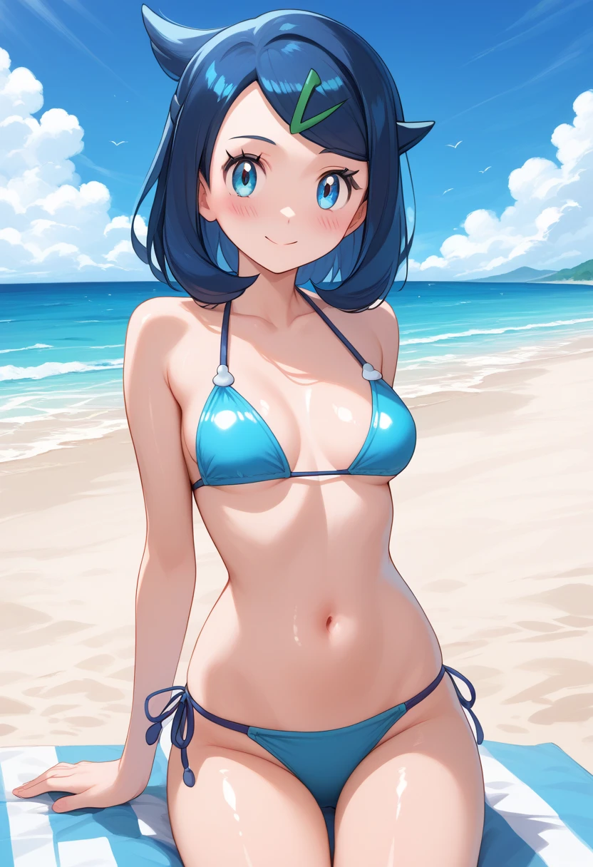 (8k, top quality, masterpiece: 1.3)),best quality, ultra high res,score_9, score_8_up,, source_anime, , medium breasts, (curvy), cute, eyelashes,
liko \(pokemon\), blue hair, hair clip,  looking at viewer, Cute bikini,embarrassing,blush,navel,Beach,Blue sky,clouds, smile, looking at viewer, shiny skin,medium breast, looking at viewer, 