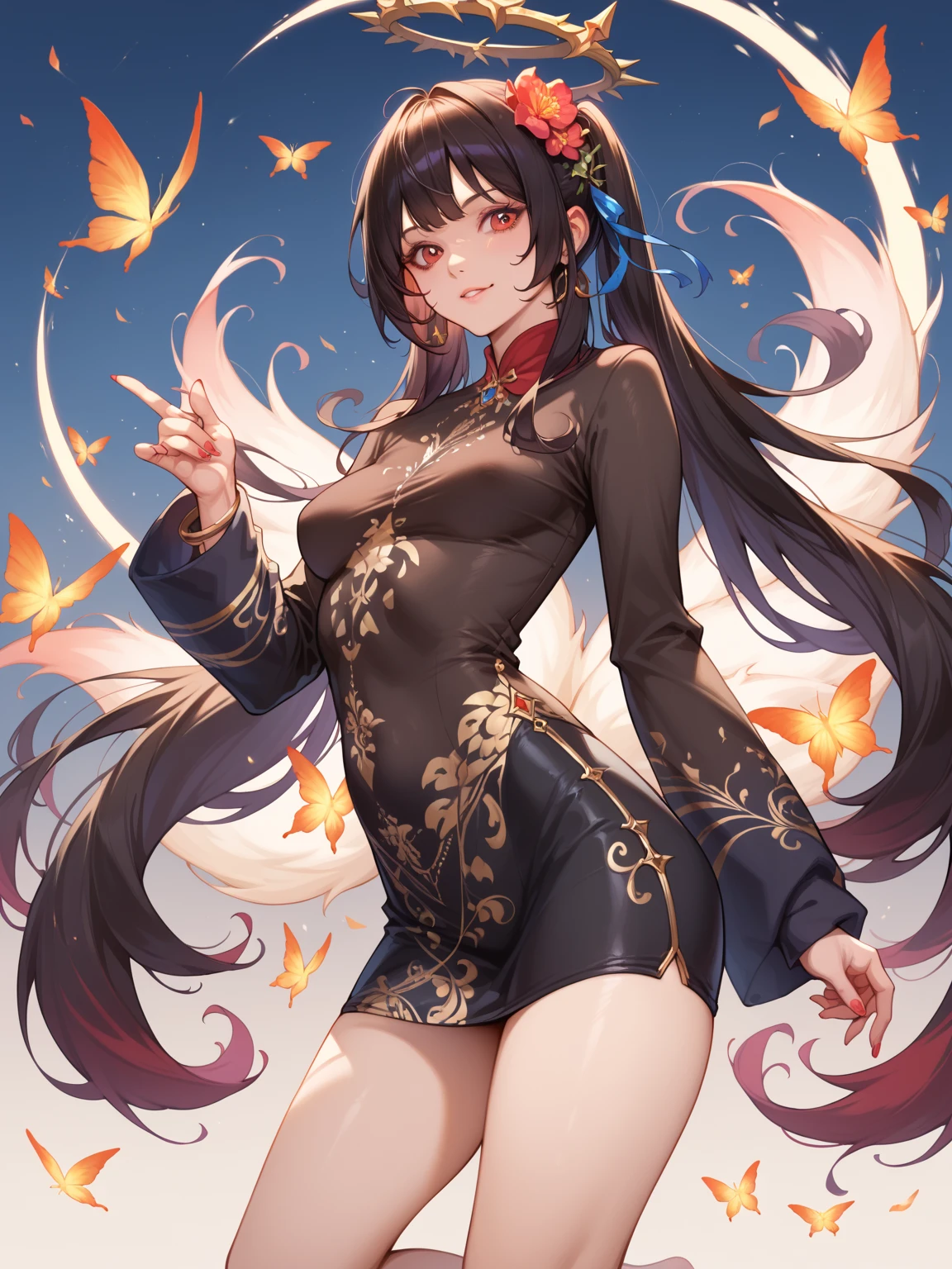 masterpiece, best quality, night, full moon, 1 girl, mature woman, Chinese style, China, elder sister, Royal sister, Smile, brown hair, princess cut, Single twist braid, bun hair, Double ball head, Light pink lips, calm, intellectuals, Zhongfa, Green eyes, hairpin, hydrangeas,pregnancy,Black tights