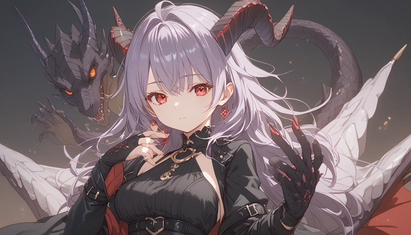 An anime-style female character with the characteristics; medium dark purple hair, 2, she must have a dragon ;tail and horns, scales from the hands rising to the shoulders, red eyes, Black leather clothes