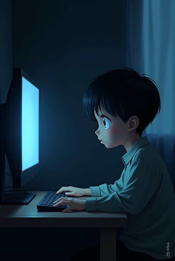 A boy searching popular anime tittle" solo leveling "add chrome interface in laptop and make realistic more realistic 