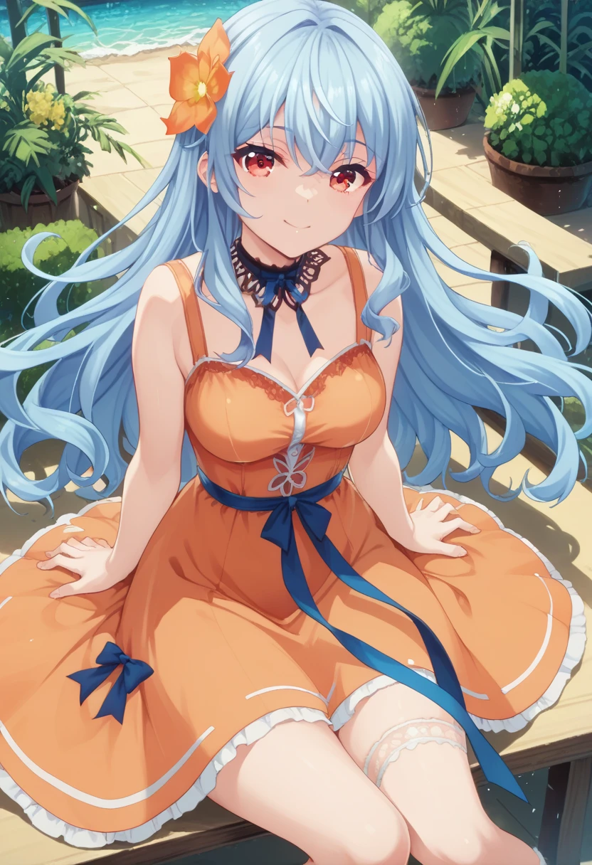 Rocbouquet　blue hair　long hair　red eyes　orange dress　hair flower　手にカップを持つ　テーブルに向って