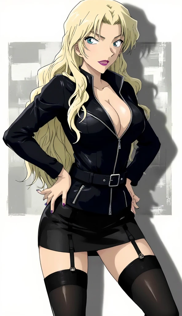 (masterpiece, best quality, newest, absurdres, highres,  1 girl, blonde hair, wearing a black leather jacket, black stockings, in a cool pose, vermouth