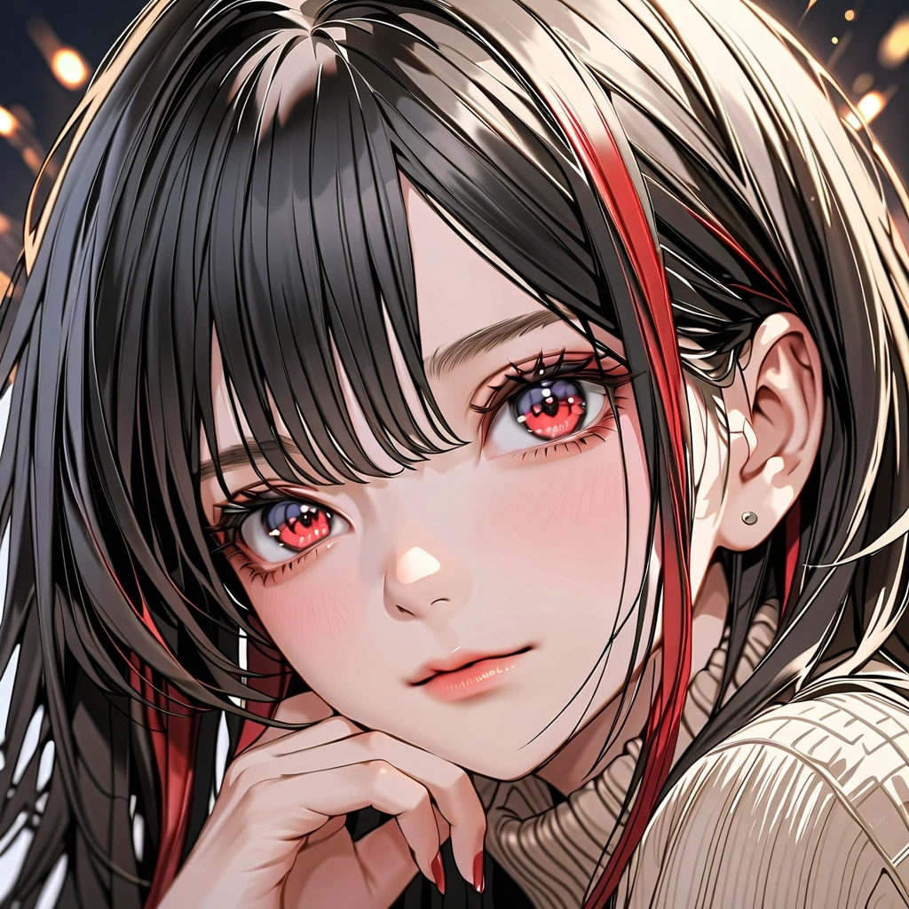 8K, (absurdness, ultra detailed, masterpiece, best quality), Mature beautiful woman, ((1girl, alone, 21 years old)), (finely detailed eyes and detailed face, detailed face, face close-up, beautiful face, perfect face:1.2), (anatomically accurate depiction), black colored hair, (((red streaks - black hair))), wearing a beige knit, very loose collar, sleeves are long enough to show the tips of their fingers, outfit includes black pants, high-heeled black platform shoes, background(masterpiece beautiful magic effect)