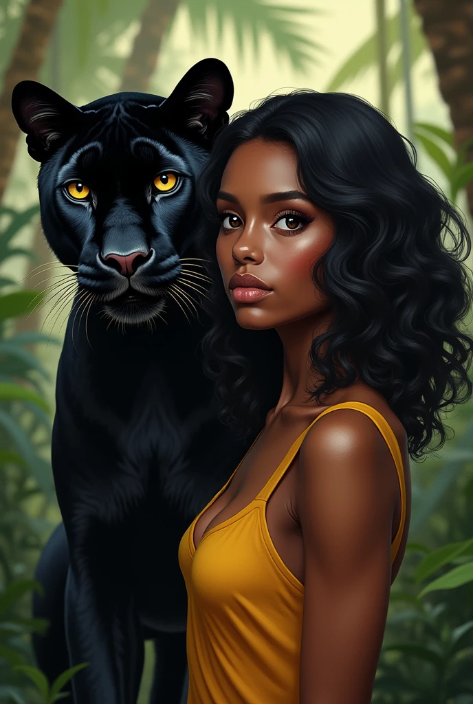 Black caramel skin tone woman wearing a white coat hugging a white tiger in jungle