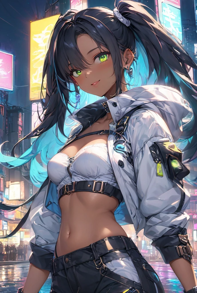 (1girl, solo), 18 years old anime girl, long black twintails with neon blue highlights, (wearing futuristic maid uniform:1.5), (midriff:1.5), (small breasts:1.3), (toned stomach:1.3), (eyelashes:1.2), (aegyo sal:1.2), (detailed face), immersive background, volumetric haze, global illumination, (blush), natural lighting, ((beautiful detailed eyes, symmetrical eyes), (masterpiece), (highest quality), (best shadow), (best illustration), high resolution, physics-based rendering, high contrast, saturated, rich colors), ancient ruins background