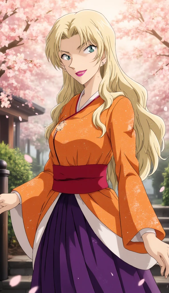 Create a stunning anime-style illustration featuring a solo woman with flowing blonde hair, gazing directly at the viewer. She is dressed in an exquisite Tang-style hanfu, showcasing an orange upper shan that gracefully contrasts with a rich purple pleated chest po skirt, complemented by a delicate white pibo and a vibrant red waistband. The setting is an ethereal garden with cherry blossoms softly falling around her, enhancing the traditional elegance of her attire. 

Use soft, diffused lighting to create a warm and inviting atmosphere, with a color palette dominated by warm oranges, purples, and hints of red. The texture of her clothing should appear rich and intricate, reflecting the fabric's delicate patterns. Capture a serene yet confident mood, emphasizing her poised stance. Aim for a masterpiece quality image with a high resolution of at least 300 DPI, ensuring every detail is crisp and vivid.