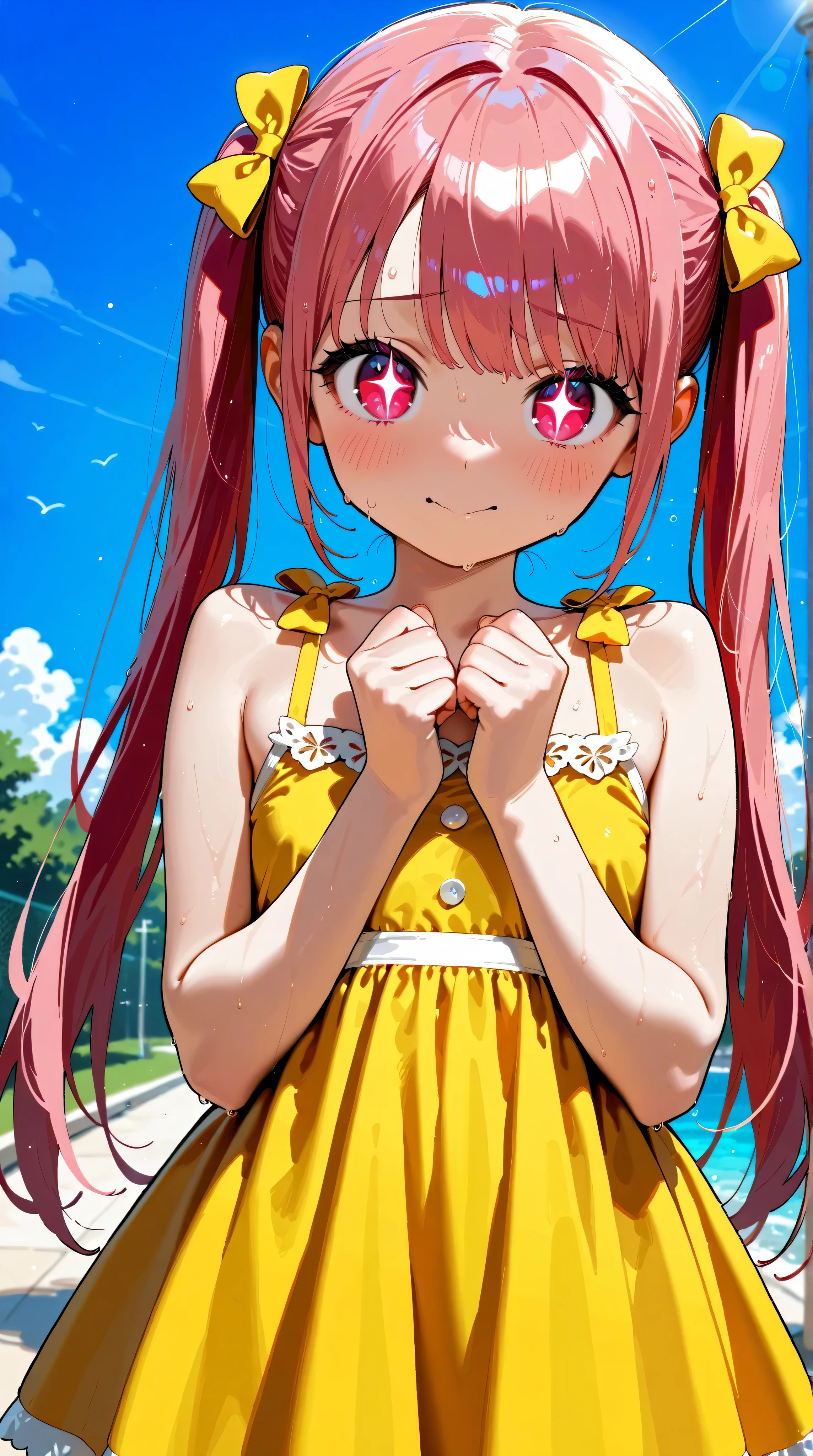 big expressive eyes, cute face, soft skin, pink hair, pigtails, cute dress, lace and bows.