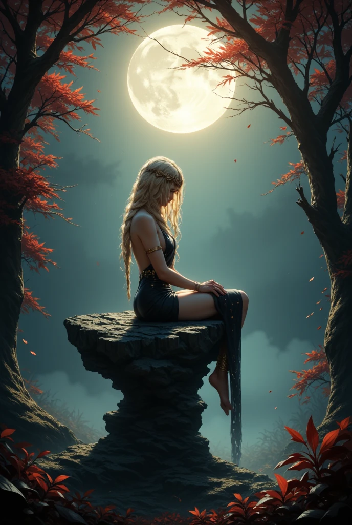 High-contrast ultra realistic photo, sharp details, showing QMarika sitting gracefully on a twisted rock. QMarika's golden hair reflect the eerie light of the full moon, which dominates the misty, night sky. Surrounding the scene are ancient, gnarled trees adorned with fiery red leaves that flutter delicately in the breeze. The moonlight casts a soft glow, highlighting QMarika's ethereal presence, while the dark branches and vibrant leaves create a striking contrast, framing QMarika in a hauntingly beautiful forest. 