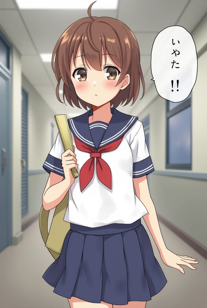 独奏,1 girl pov hands, grab belly,{{onodera kosaki, brown eyes, brown hair, short hair, bangs white seraphuku, light_blue sailor collar, blue skirt, orange necktie, white socks, loafers}Small breasts,Small breasts,chubby(0.3) belly,little angry,Half-closed eyes,in class room