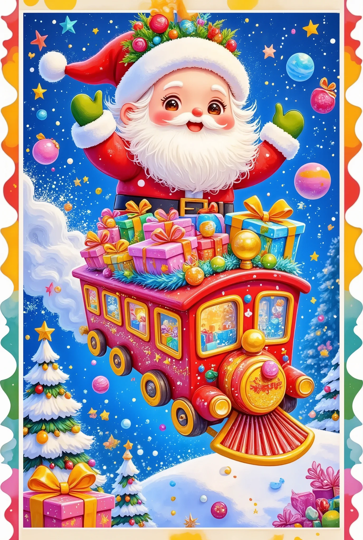  Christmas postcard  ，Stamp border，Christmas card ，  flying train in the air ，planet，galaxy，Train full of gifts ，Little train  ，坐在Little train  上的快乐的圣诞老人戴着绿色手套，Candy Blast，Interesting illustrations