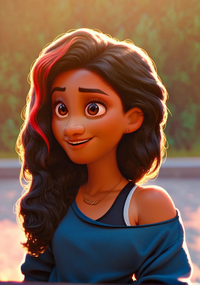 masterpiece,best quality,
 valortiz, 1girl, blue shirt, exposed left shoulder,  1 necklace, dark hair, multicolored hair, black pants, brown eyes, outdoor school front, sunlight highlighting off body, 2D animation, Disney, dark skin, smile