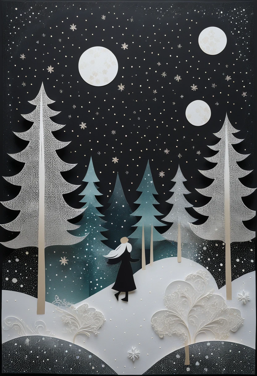 Painted with the texture of soft, uneven paper, dots of various sizes in soft gradations on a black background, glistening geometric snowflakes falling softly from the moon, a cute little-style Santa Claus silhouette, snowflakes of various sizes, their delicate overlapping dots and wind-swept paths evoke a sense of gentle movement. The pathways evoke a sense of gentle movement. Abstract fluid shapes and subtle highlights add depth and texture to the scene, while soft, vibrant colors and pastel tones create a warm and inviting atmosphere. Black snowflakes with subtle dotted textures and highlights float in a dreamy glow, giving the scene a surreal appeal. The overall effect is calm, airy serenity with a cutesy, comforting feel. The playful surrealist style is combined with whimsical charm and dreamy textures of cut paper and digital art.
It is a masterpiece of meticulous detail and a dream story.