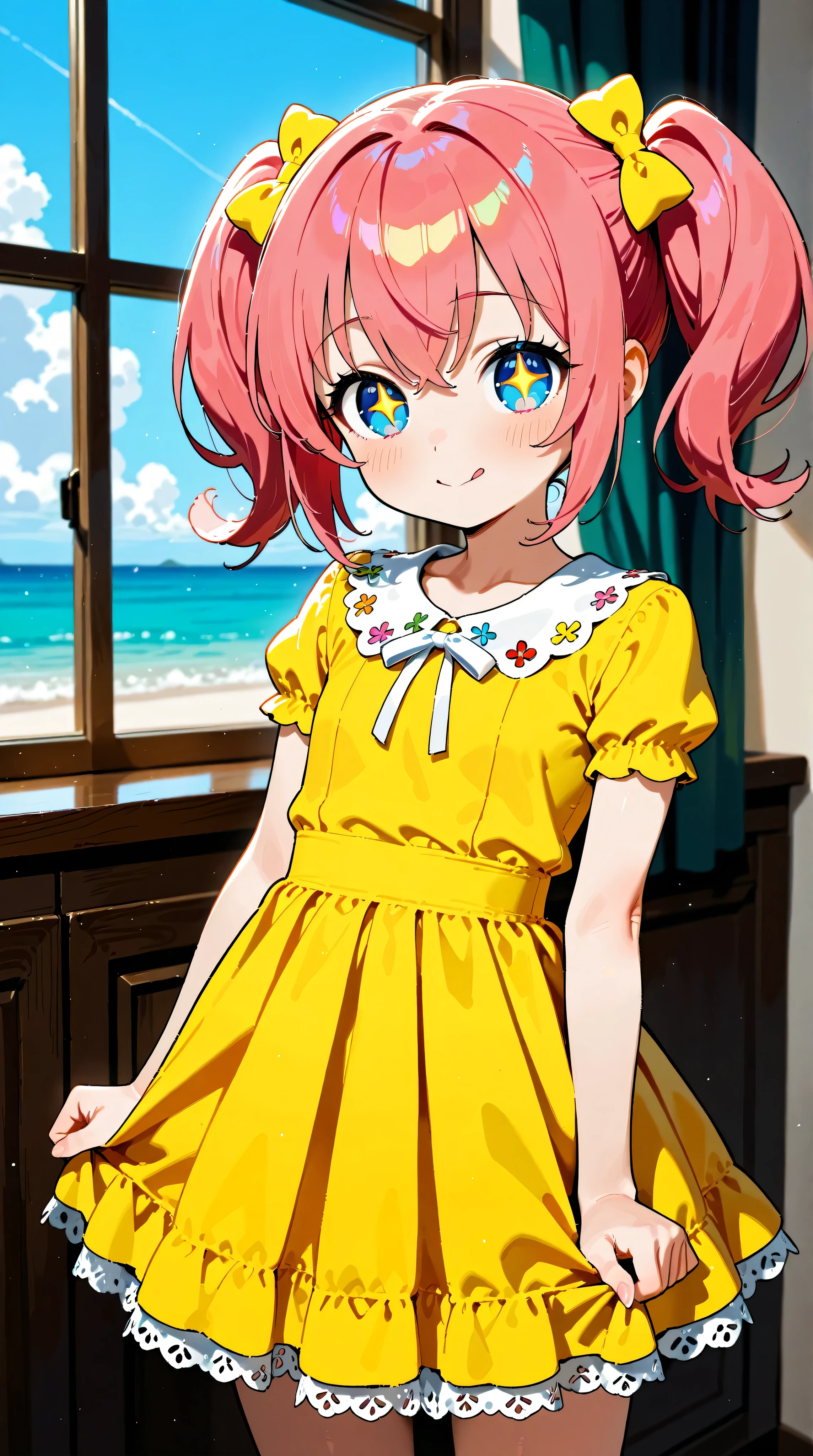 big expressive eyes, cute face, soft skin, pink hair, pigtails, cute dress, lace and bows.