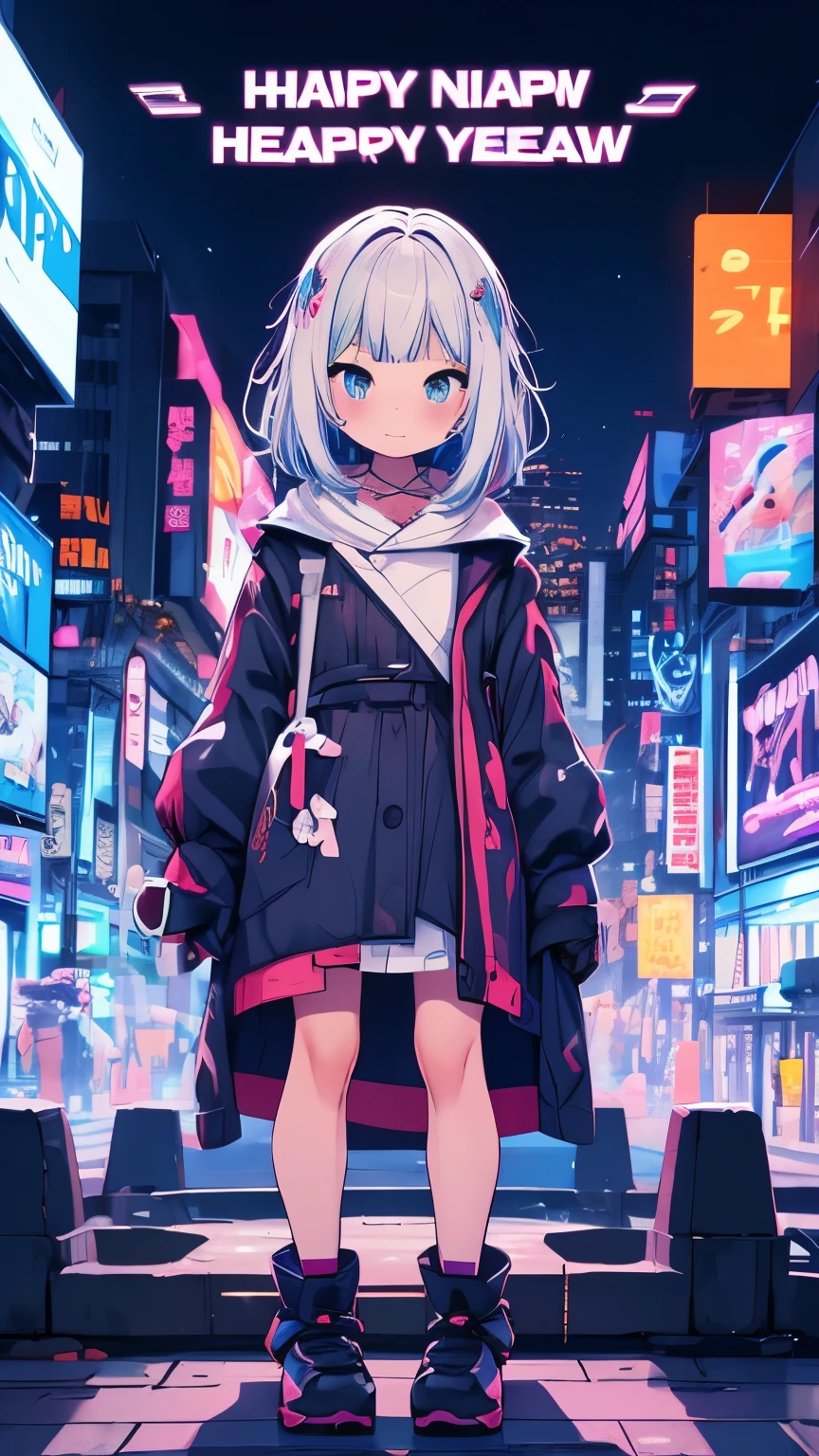 New Year's theme. Anime character with big eyes, in a futuristic outfit, against the background of a city in neon lights .the inscription in the sky "happy New year"