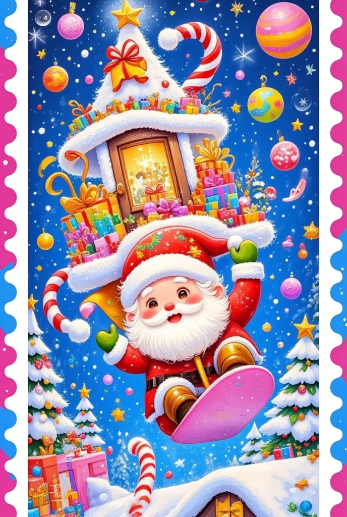  Christmas postcard  ，Stamp border，Christmas card ，  flying train in the air ，planet，galaxy，Sky castle filled with gifts ， Happy Santa wearing green gloves，Candy Blast，Interesting illustrations