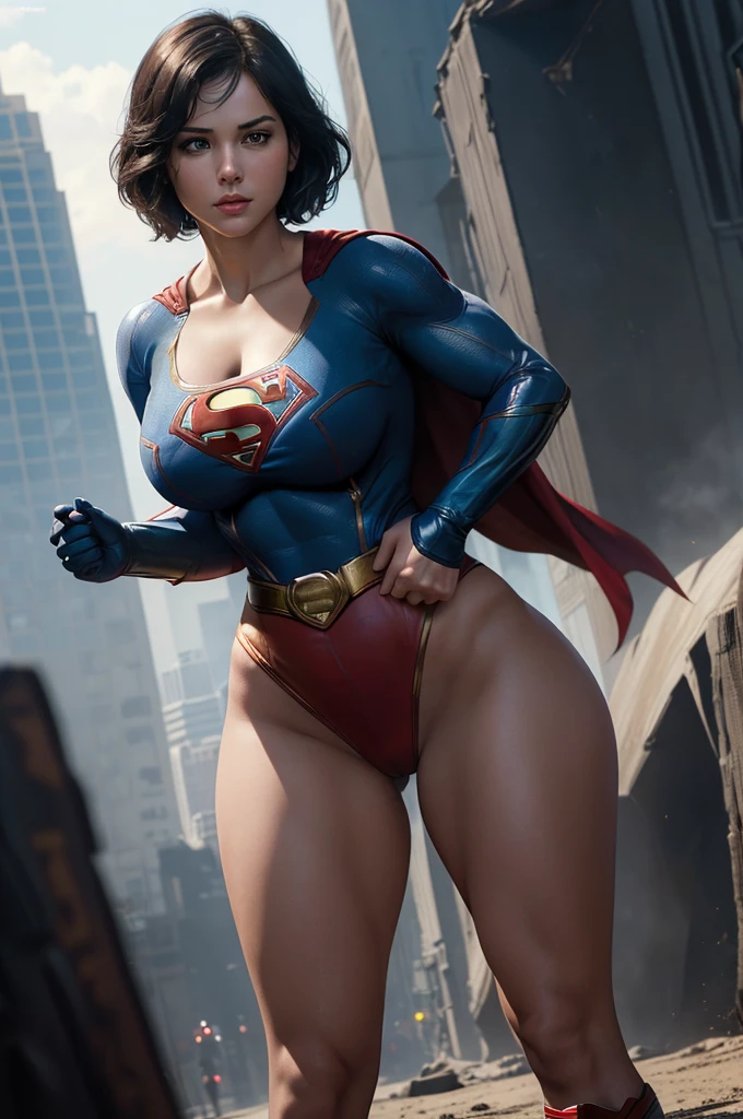 a beautiful girl with short white hair, wearing a tight supergirl costume with long sleeves, huge breasts,perfect body,wide hips (best quality,4k,8k,highres,masterpiece:1.2),ultra-detailed,(realistic,photorealistic,photo-realistic:1.37),hyper detailed facial features,extremely detailed eyes and face,longeyelashes,highly detailed costume,dynamic pose,action scene,moody lighting,cinematic composition,vibrant colors,
