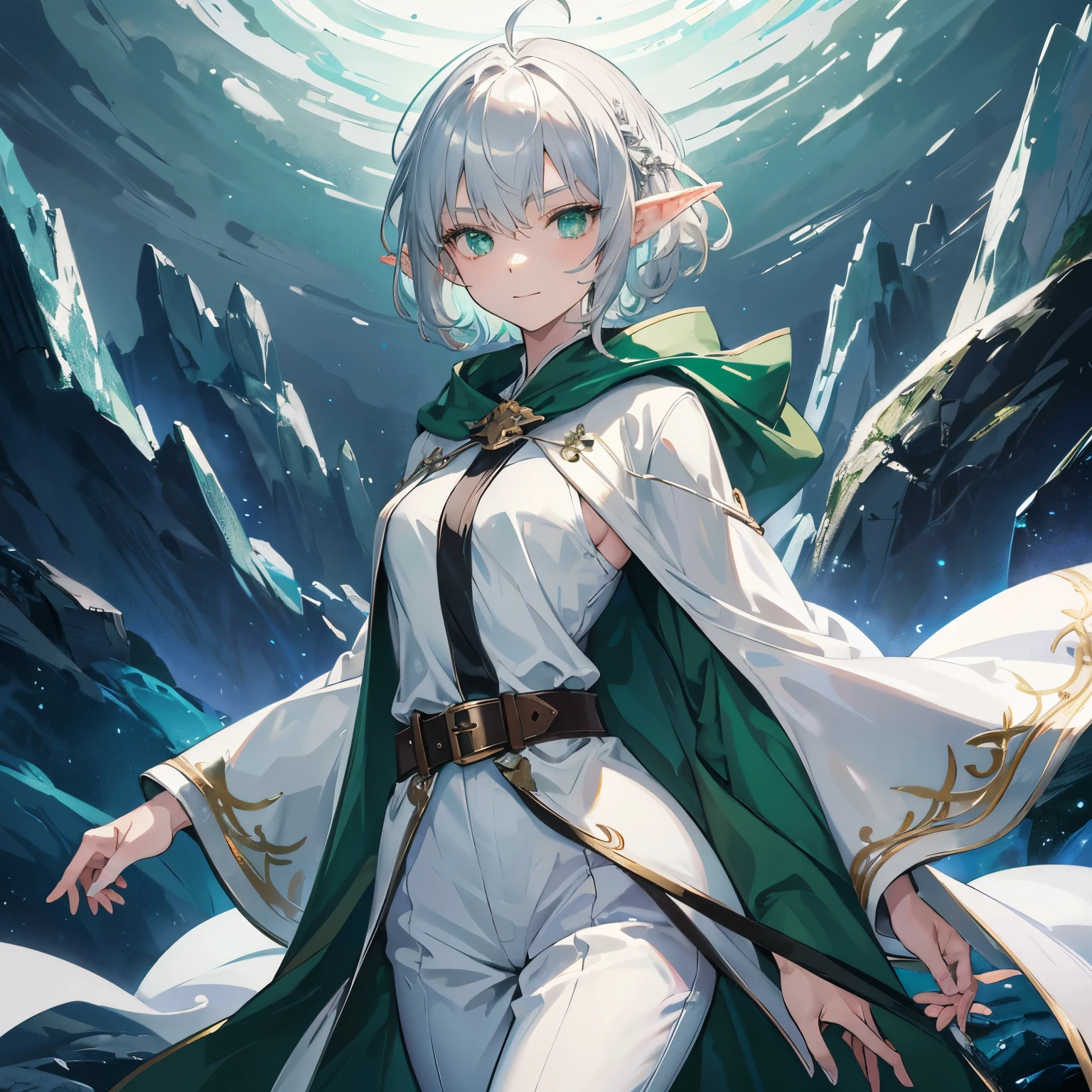 elf, Solo female, silver hair,short hair, medium cut, ahoge, curly hair, (green eyes), slender, green cloak, spider leg, White wizard robe, pants, belt, White glove, fair skin, cool emotion, cool mild Smile, magic blue ice Rose effect, fantasy