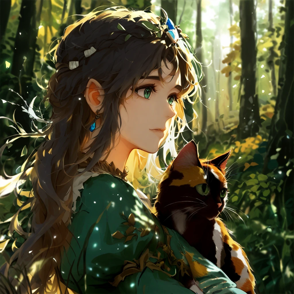 beautigul brown medium lengh hair girl, with calico cat, forest, lord of the rings