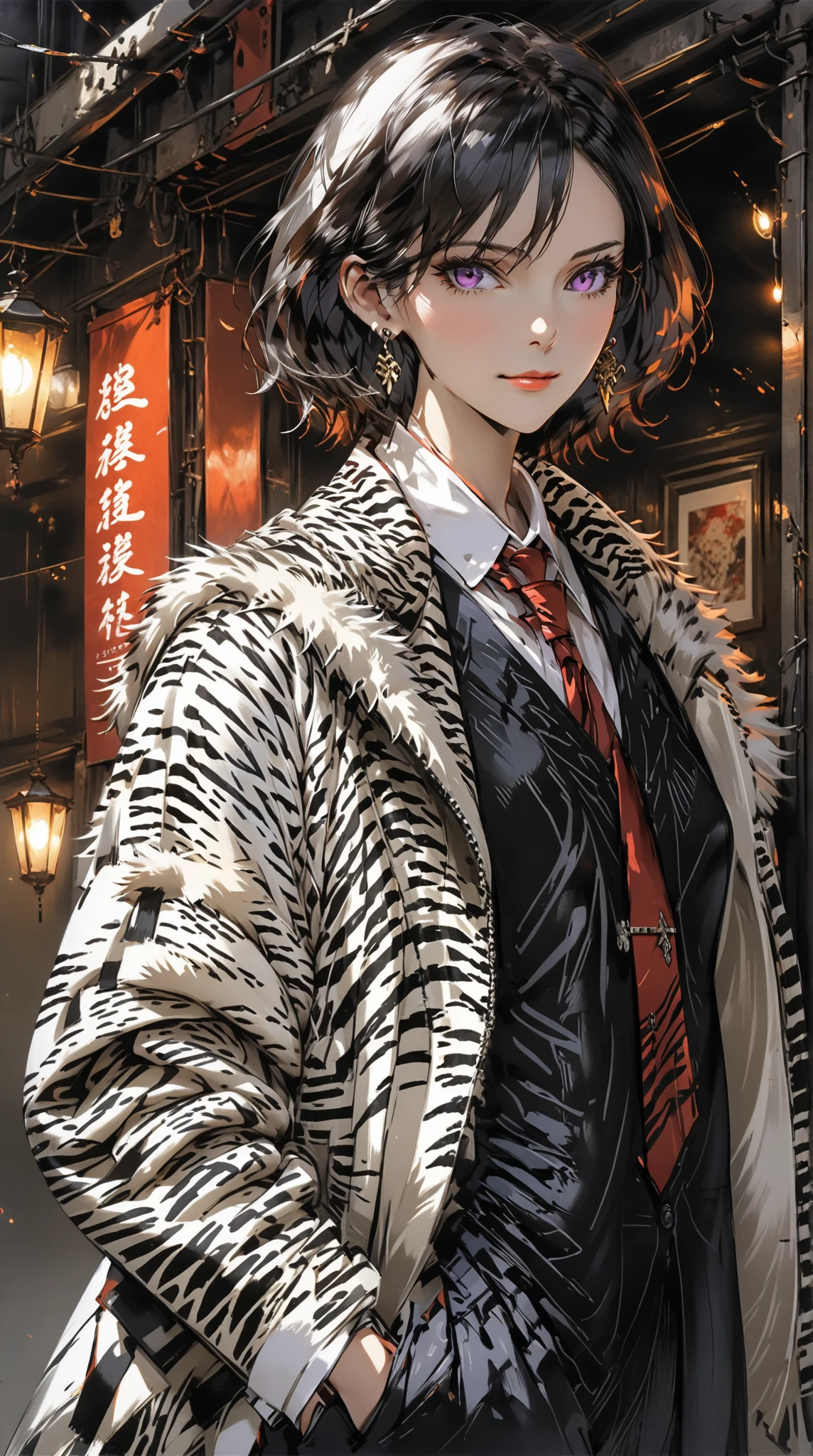 score_9, score_8_up, score_7_up, score_6_up, masterpiece, best quality, intricate details, 1girl, skinny, tall, bob cut hair \(white highlight, zigzag pattern\), earrings, old, mature, large fur coat \(fluffy, zebra pattern\), vest, red necktie, long slack pants, full body, standing, evil, one glowing eye, skull necklace, purple aura, low angle, dark environment, dramatic light