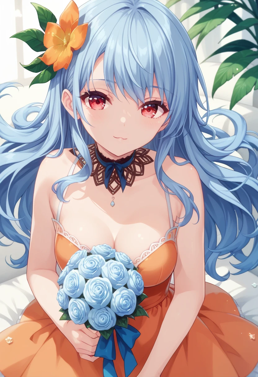 Rocbouquet　blue hair　long hair　red eyes　orange dress　hair flower　ベッドに横になる