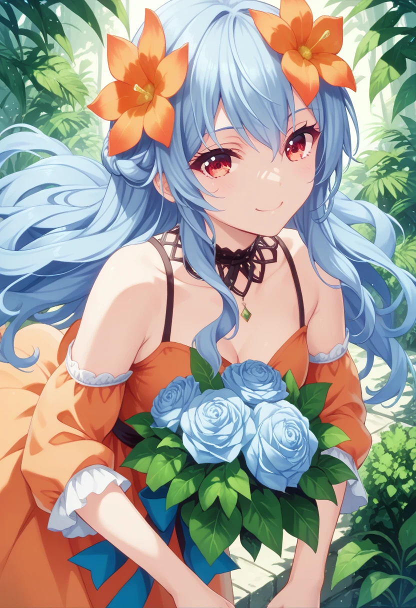 Rocbouquet　blue hair　long hair　red eyes　orange dress　hair flower　ベッドに横になる