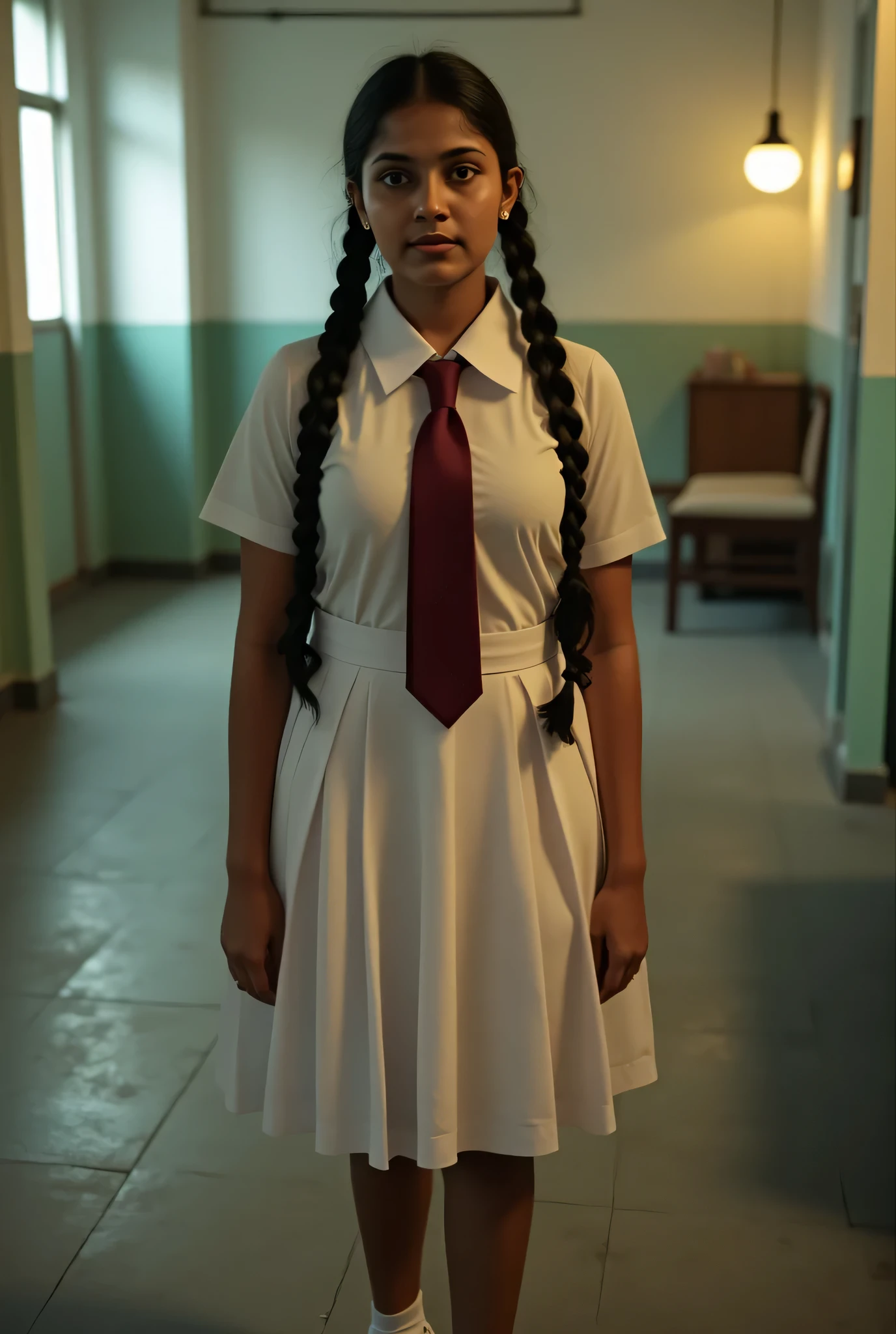 portrait of a beautiful cute young teen school girl, Sri Lanka ,She has plaits, black braided long hair, correct anatomy of other body parts, large chest size , wearing detailed white frock uniform, wearing dark red colored tie , wearing folded white socks and white sneakers , full body , tan color skin, sweaty body, curvy body, at school dancing room, hyper realistic, moody environment, glowing ambient lights, glowing skin, cinematic lighting, 8k, masterpiece, intricate details, vintage and retro Aesthetics in 80s