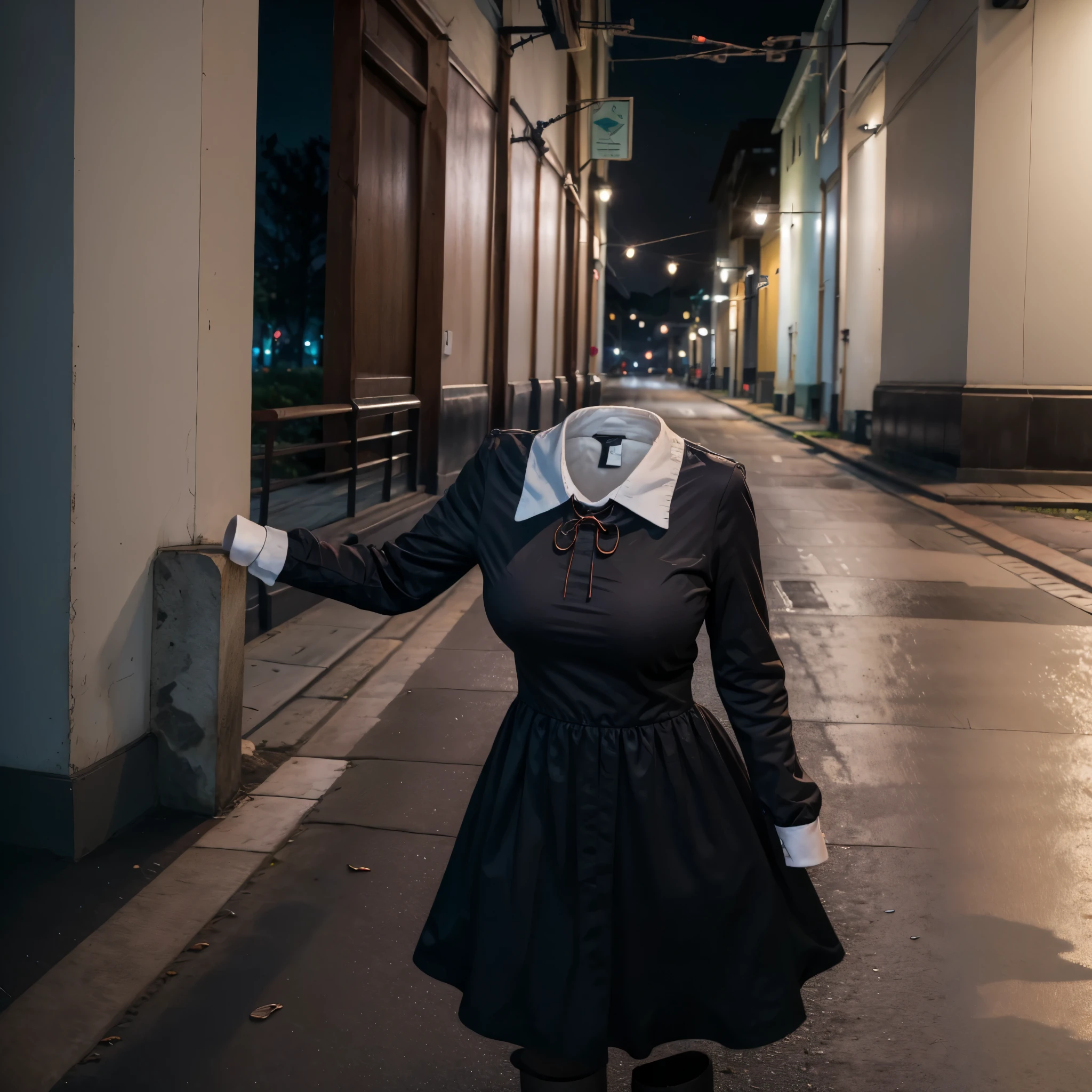 (invisible, no humans, headless, handless, faceless:1.5), masterpiece, best quality, highres, chika1, fujiwara chika, school uniform, black bow, black dress, red ribbon, long sleeves, blunt bangs, neck ribbon, collared dress,cowboy shot, standing, in Night city, (close-up to breasts)