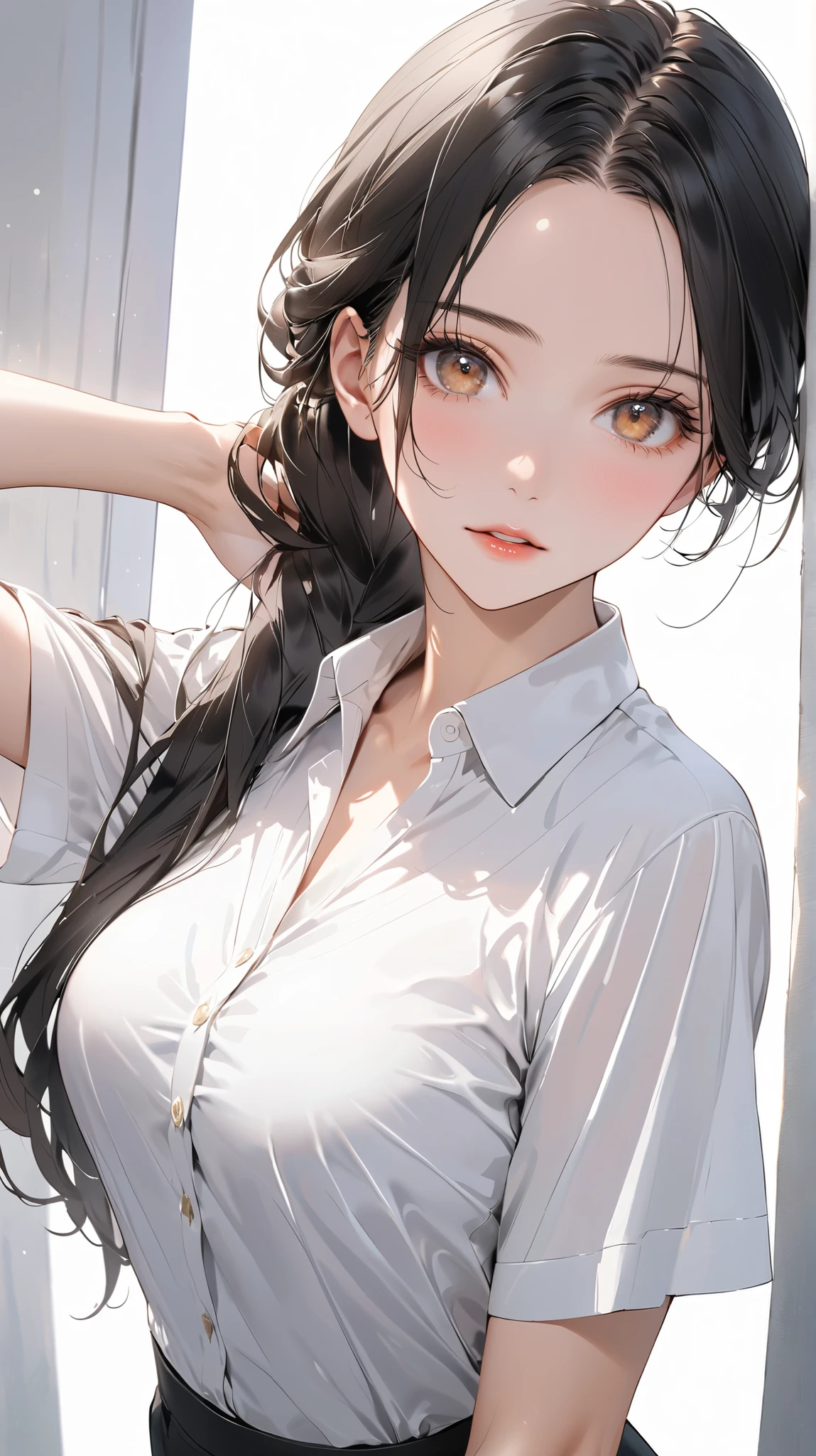 Anime girl with long black hair and white shirt posing for a picture ...