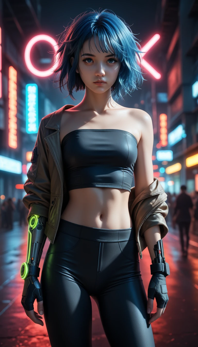 18 year old with huge saggy breasts, wearing a skimpy crop top shirt, visible underboobs, fit and slim body with visible abs, low waisted pants, short hairstyles, slim waist, (gradient blue to violet hair colour:1.2), (dynamic lighting:1.2), 8k ,(detailed face and eyes:1.2), (cyberpunk aesthetic:1.3).