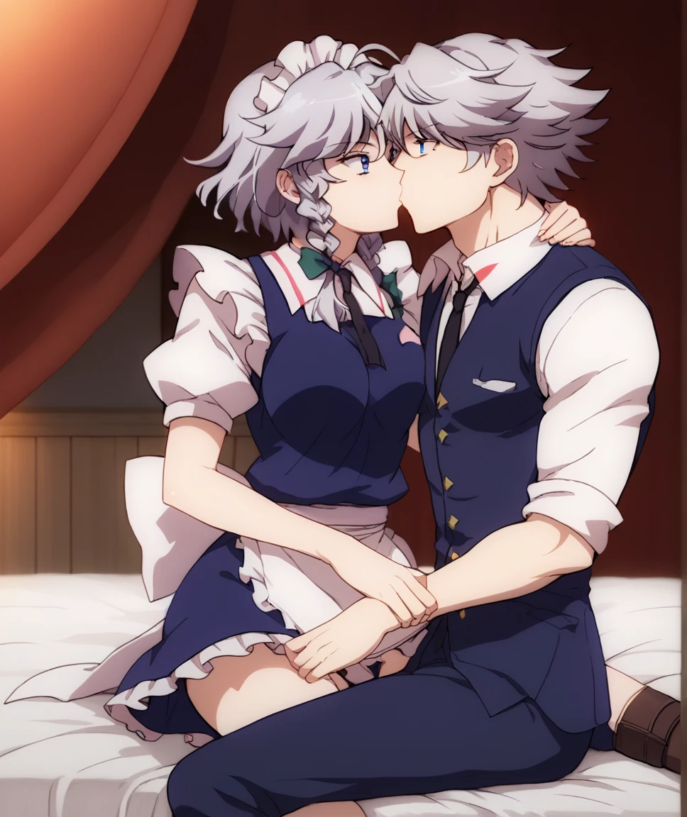  Sixteen Night Sakaki Night （ Touhou Project）, maid clothes,Thighs, Silver Hair, blue eyes, stare at each other, smiles gently,indoor,touching your own hair, pants, a man hugs a woman ,Kiss, man pushes woman down on her back, bed in black,男性が女性のThighsを撫でる,Man puts his hand in his skirt 