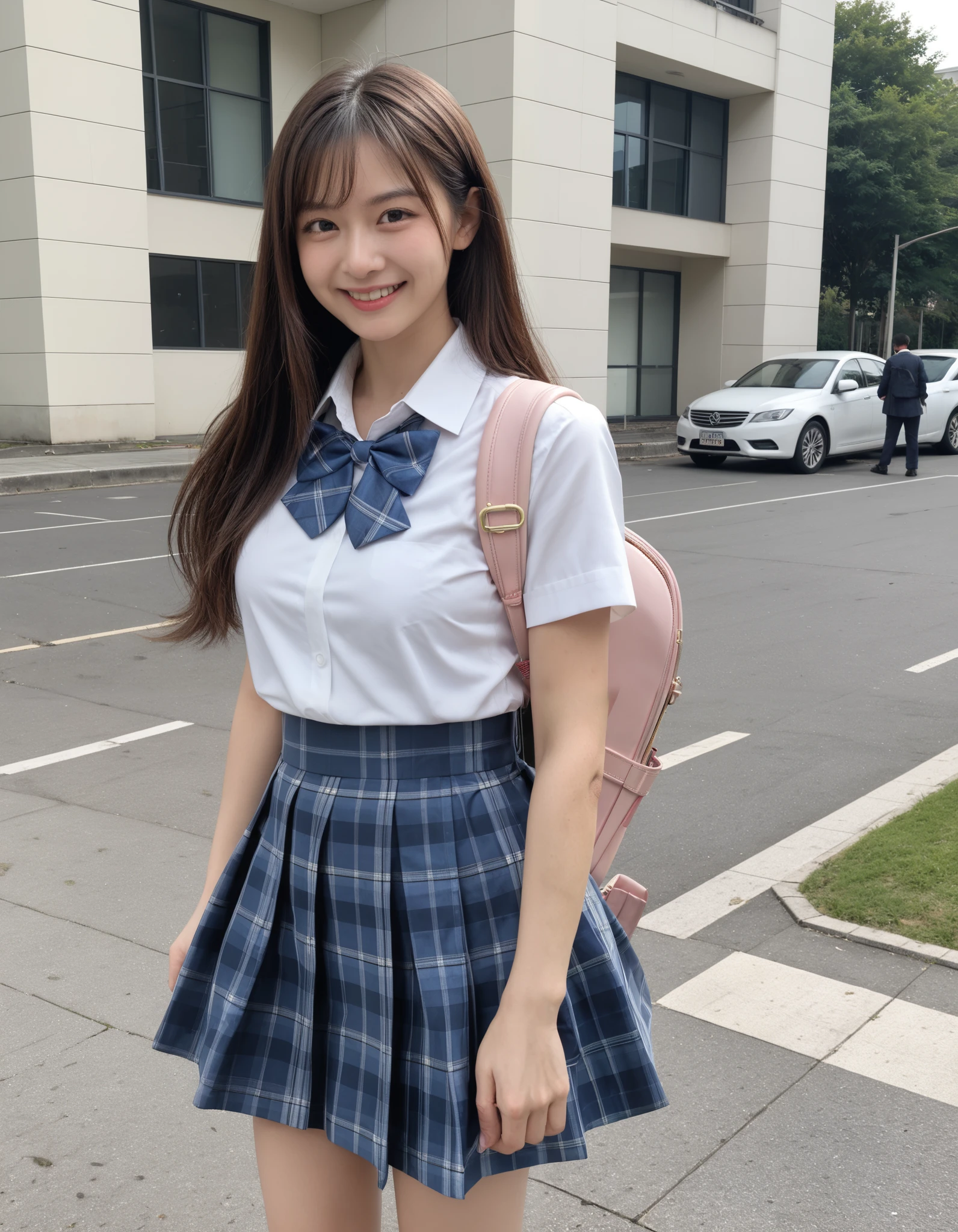 Masterpiece, hd, realistic, 1girl, brown hair, long hair, smile, medium breasts,school uniform, white collared shirt, blue bowtie, short sleeves, blue plaid skirt, mcm,bag, MCM bag, pink backpack, cowboy shot, looking to the side, determined, outdoor, closed mouth, best quality