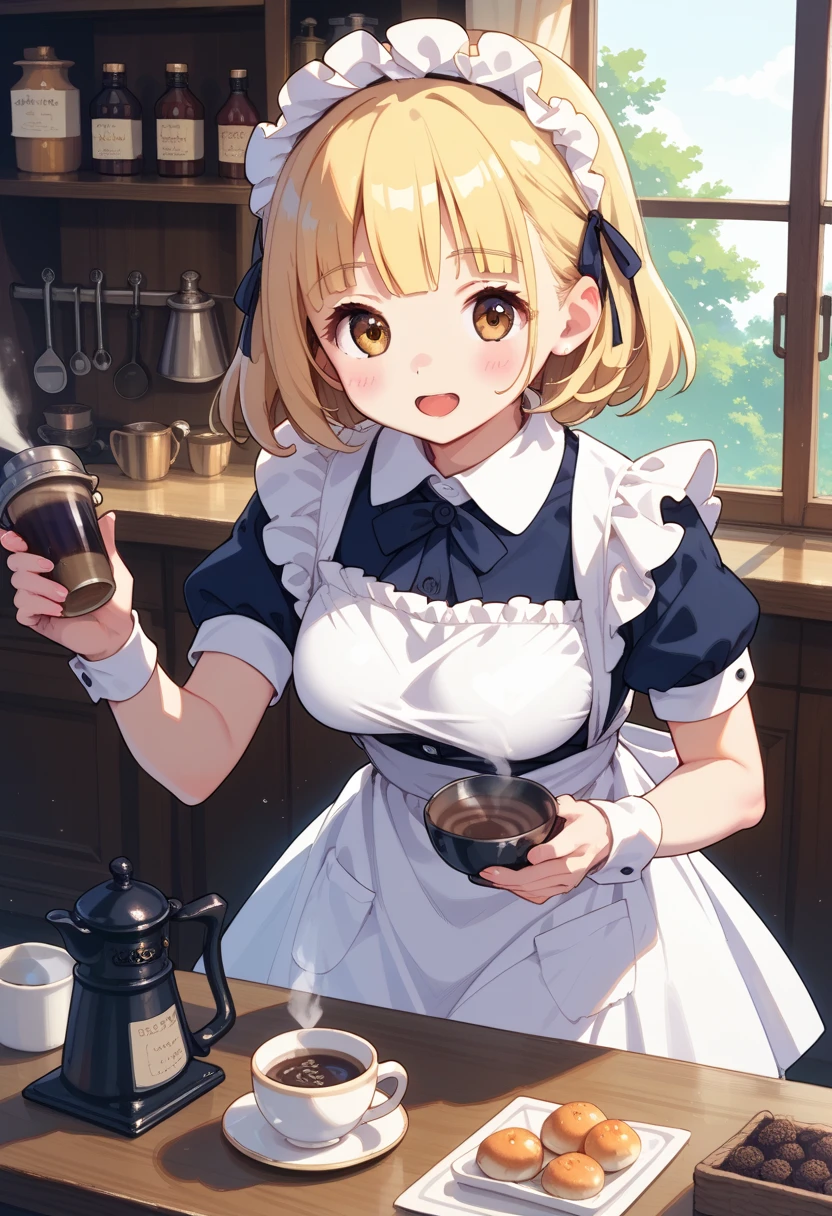 1Girl, yuki mio, maid dress, Brewing coffee,