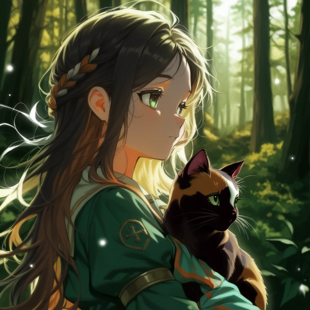 beautigul brown medium lengh hair girl, with calico cat, forest, lord of the rings, dreamy eyes