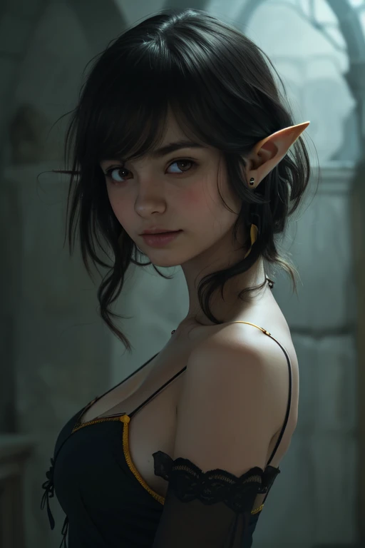 Ultra-detailed complex 3D rendering of face, (Colossal: 8.8), (masterpiece, top quality, octane rendering, 8K), glamour shot full body image, very beautiful young elf, cleavage, (very detailed skin: 1.2), (exposure: 1.1), brown-haired, ((wearing a plummeted open shirt of white silk: 1.10)), beautiful Caucasian woman with black skin with full soft breasts with big buttocks, Single, long braided hair, big breasts, dynamic angle, mystical expression, ultra-realistic photo, (((portrait)))), bare feet, futuristic urban background, facial muscles, detailed and beautiful queen gold crown, in the style of Marvel Comics, ArtStation trends, clear focus, studio photography, intricate details, very detailed, detailed red eyes, very detailed, Sharp Focus, Digital Rendering, Professional, Abs, Dark Grey Background,