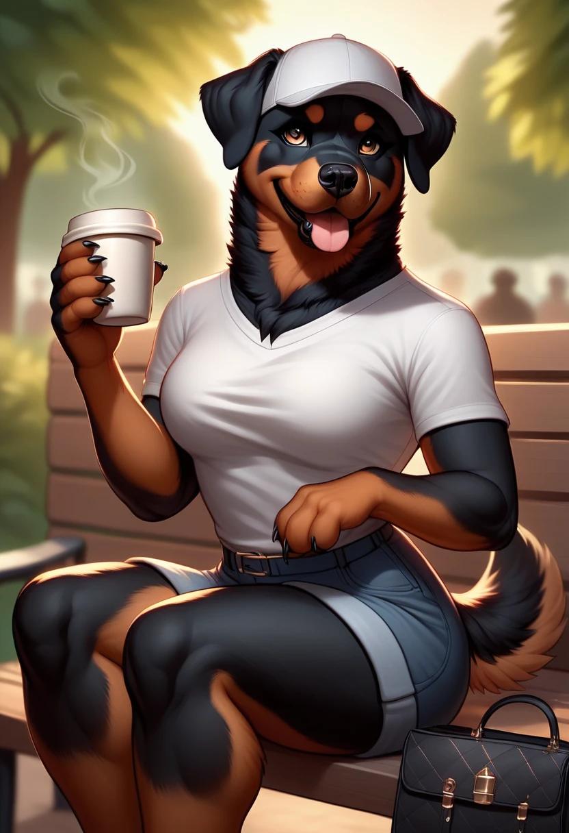 score_9,score_8,score_7,source_furry,
Rottweiler_Anthro, Rottweiler, tail, furry, hat, animal ears, bimbo tits, shirt, sitting, cup, bench, dog ears, dog tail, solo, disposable cup, tongue, female focus, blurry background, holding, blurry, baseball cap, coffee cup, outdoors, dog girl, bag, tongue out, tree, breasts,,
 rottweiler_anthro