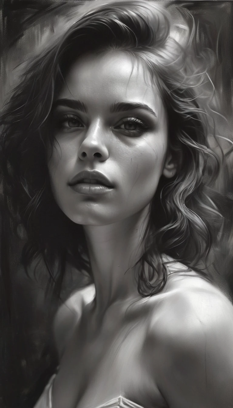 black and white charcoal portrait,Позитив Клип L 8k, отмеченный наградами, proФessional close up, 
style oФ Casey Baugh, style oФ Pino Daeni, beautiФul woman,contour line sketch all over the paper , abstract background
---------