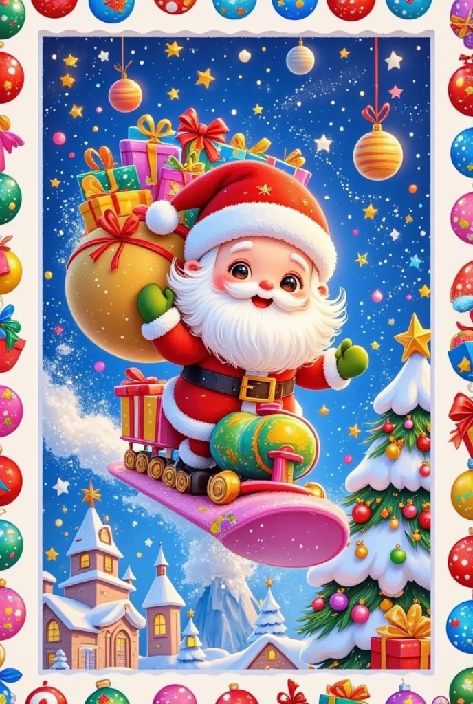 christmas postcard, stamp border, christmas card, flying train in the sky, planets, galaxies, airborne castle filled with gifts, happy santa claus in green gloves, candy explosion, whimsical illustration, (best quality,4k,8k,highres,masterpiece:1.2),ultra-detailed,(realistic,photorealistic,photo-realistic:1.37),HDR,UHD,studio lighting,ultra-fine painting,sharp focus,physically-based rendering,extreme detail description,professional,vivid colors,bokeh,fantasy,surreal,magical