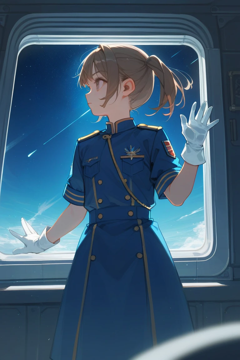  
atmospheric art, in a room, looking out a large window, , moonlight (blue)glow,Atmosphere, hand on the glass,night, ship in space, dark, room, girl put one palm on the glass,short blond brown hair, pigtail,dark turquoise uniform, white gloves, light brown eyes, face,Looking out the window, front view, a little far away,blue rays on the skin 