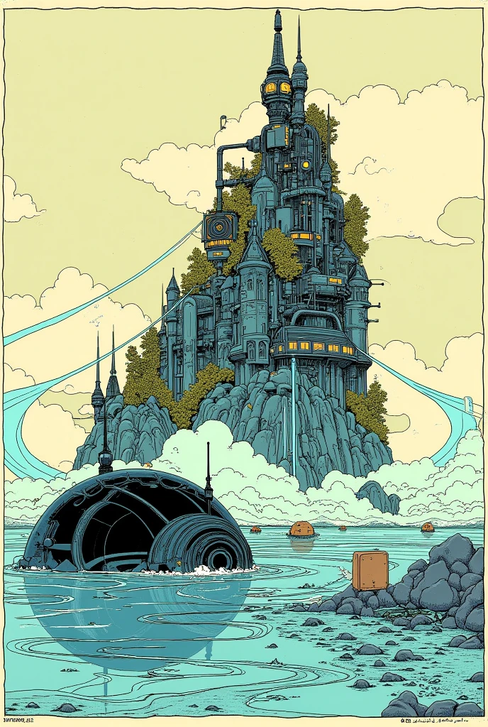   etching inspired by moebius paintings,    Mobius Inspired Concept Art 。 there is a big black object in the water、 lots of water coming out of it, Reddit,  letters , Flooded Tower ,  Vast Floating Castle ,  Flooded Ancient Tower , kaiju-eiga, Nier:Automata Style Spaceship , single Flooded Tower ,  Alien Falls , Alien mothership, プロメテウスエイリアンエンジニアリング hieronymus bosch and moebius , ( moebius ),   Jean Girard and Waterhouse , inspired by jean moebius giraud , moebius, 