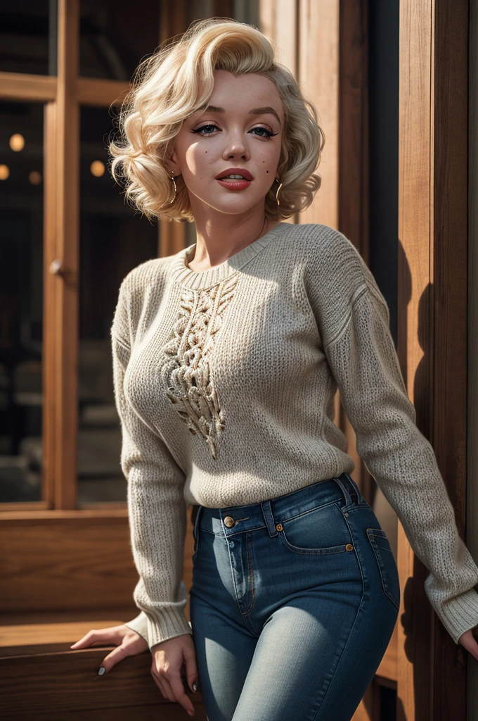 medium shot, realistic photo of marilyn_monroe, a woman, wearing a sweater, wearing jeans, (masterpiece:1.1), (best quality:1.1), beautiful, (intricate details), unity 8k wallpaper, ultra detailed, aesthetic, perfect lighting,   