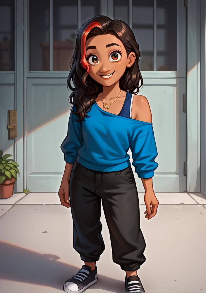 masterpiece,best quality,
 valortiz, 1girl, blue shirt, exposed left shoulder,  1 necklace, dark hair, multicolored hair, black pants, brown eyes, outdoor school front, 2D animation, Disney, dark skin, smile, full body