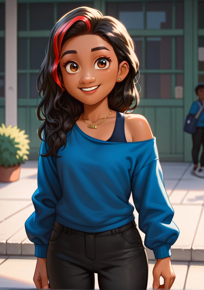 masterpiece,best quality,
 valortiz, 1girl, blue shirt, exposed left shoulder,  1 necklace, dark hair, multicolored hair, black pants, brown eyes, outdoor school front, 2D animation, Disney, dark skin, smile, full body