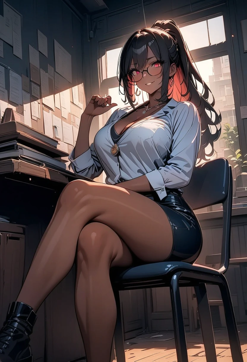 masterpiece,best quality,high resolution,8k,ultra HD,wallpaper,illustration,perfect face,cowboy shot,beautiful detailed red eyes,extremely detailed face,perfect lighting,extremely detailed CG,perfect anatomy,perfect body,perfect hands,perfect fingers,1 girl, adult,full body ,dark skin, muscle woman black hair , green eyes, glasses, ponytail, pencil skirt, skirt, earrings, necklace on the neck, sitting on a chair, smiling and looking at the viewer background is the classroom. sitting on a chair, crossing legs, ((downward shot)), background is a teacher room