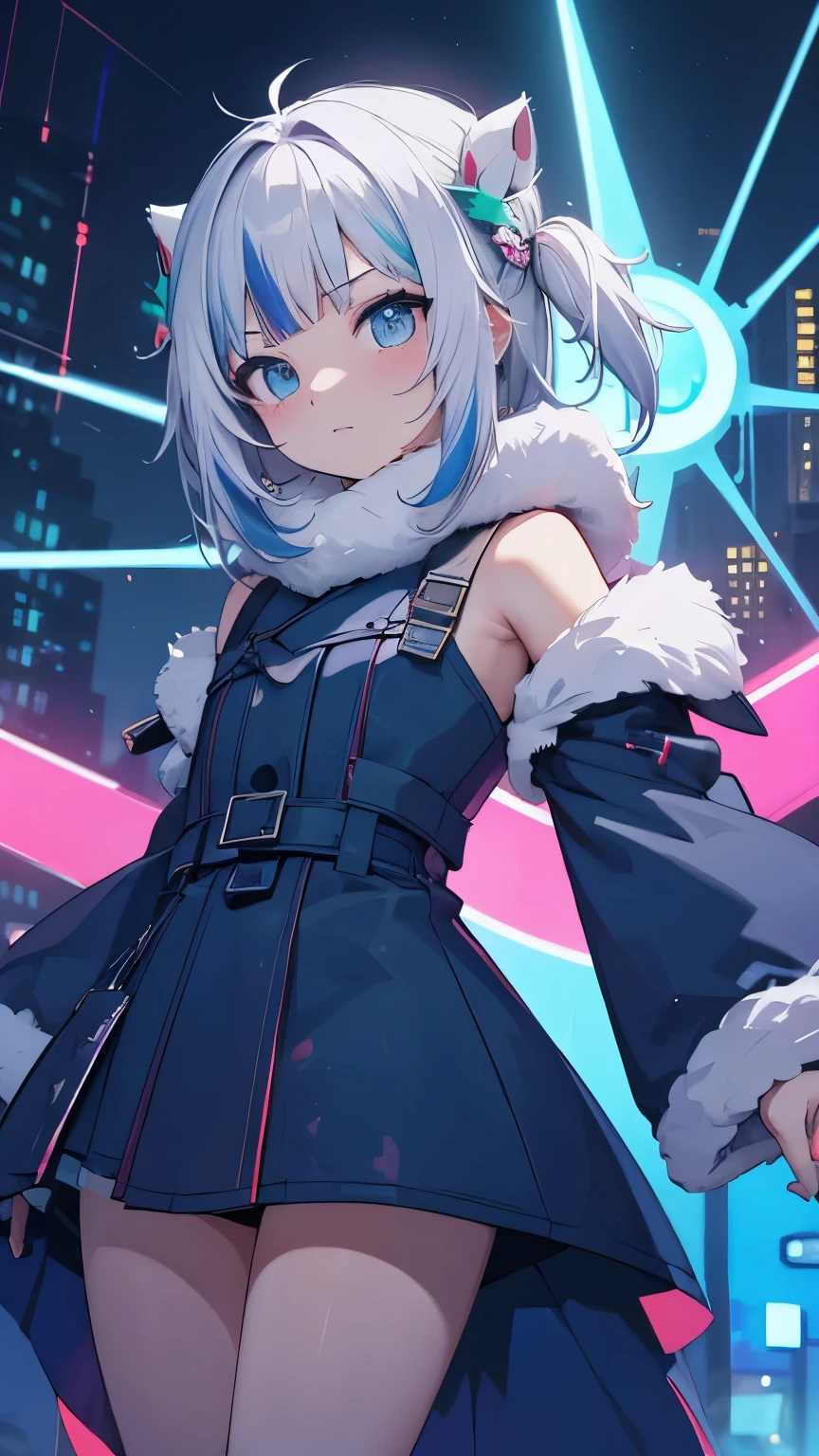 New Year's theme. Anime character with big eyes, in a futuristic outfit, against the background of a city in neon lights .the inscription in the sky "С новым годом!"