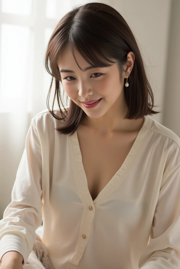 button-up shirt,,with her eyebrows raised and her lips slightly puckered. She has well-defined eyebrows, The image is a high-resolution photograph featuring a woman of likely asian descent, realistic digital illustration of a asian cute woman with striking, likely created using advanced CGI techniques, gazing downward with a seductive smiling expression., sitting on a bed in a well-lit room with sheer white curtains that let in soft